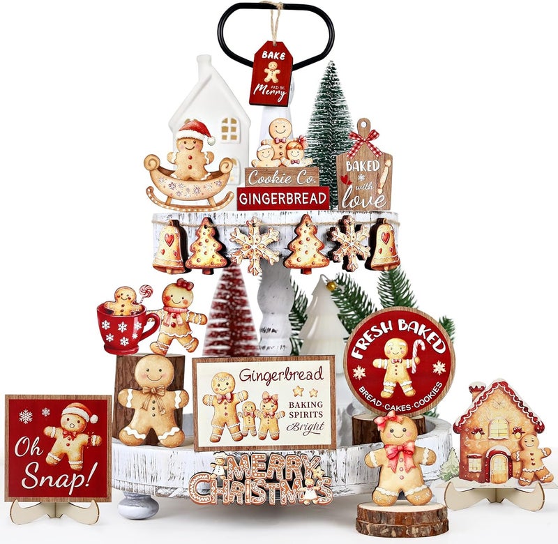 FINDRICH 23 Pcs Christmas Tiered Tray Decor - Christmas Decorations Indoor for Tray Decor Gingerbread Table Centerpieces with Snowflake, Xmas Tree, Gingerbread Man Wooden Signs for Home Shelf Decor - Image 1